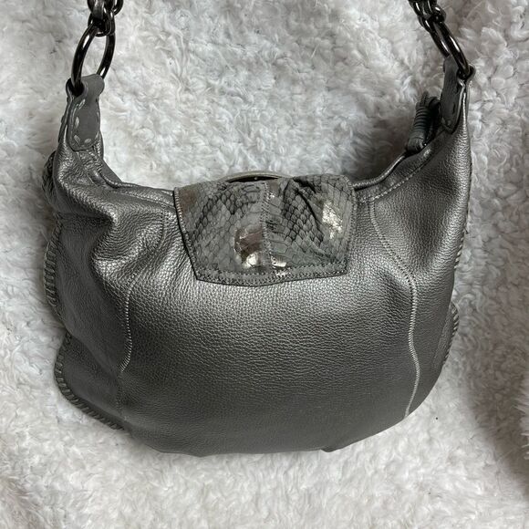 CHI by Carlos Falchil Hobo leather gray shoulder bag with shake skin flap& strap - Picture 3 of 13